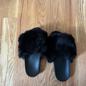Black Furry Slide Sandals